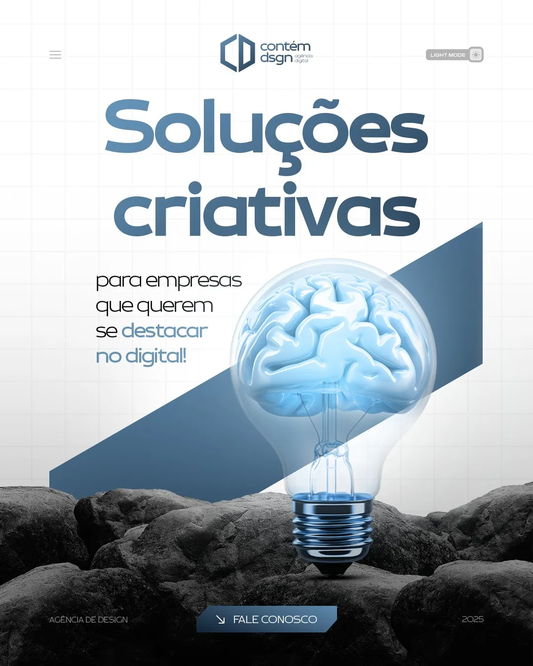 Post "Soluções criativas" com lâmpada e cérebro azul, criado pela Contém Design