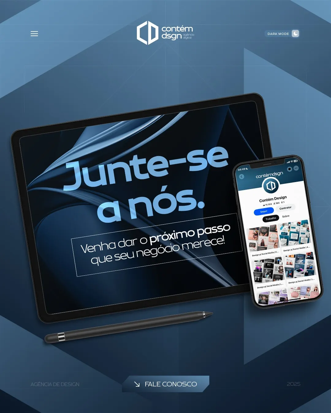 Post "Junte-se a nós" com tablet e smartphone, criado pela Contém Design