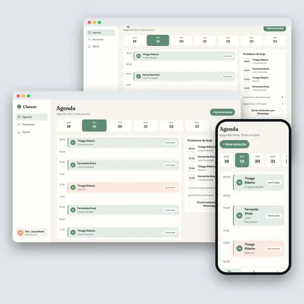 Clarear: agenda e prontuário para clínicas, desenvolvido pela Contém Design